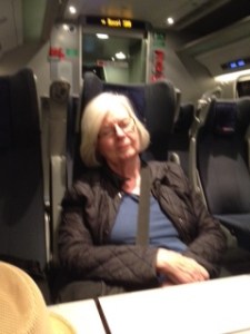 Ann asleep on train to Basel after quite a long day! We arrived in Basel at 10.45pm and just as we walked out of the station a taxi pulled up..the only one around at that hour!