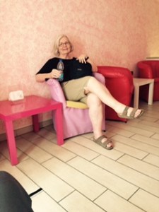 Ann enjoying lunch in Naples in an upstairs boudoir up a 12 inch wide stairway BUT it was air conditioned and we were the only ones there! Magic!