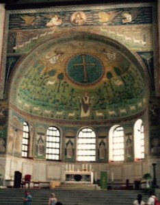 Impressive apse of St Appolonius in Classe with sheep, the hand of God, Moses and Elijah
