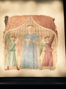 This is the only painting of a pregnant Mary, mother of Christ I have seen. Her demeanour is very serious indeed and the angels are curiously identical. It is typical of Piero della Francesca's unique way of seeing his subjects.