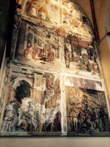 Restored frescoes by Mantegna in the Ovetari Chapel of the Church of the Eremitani next door to the Scrovegni chapel. The church was pretty well destroyed by allied bombing in 1944 including "the martyrdom of St James" but the restoration is impressive based on black and white photography.
