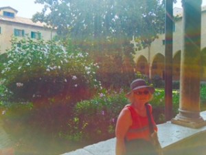 Ann in the hibiscus garden at St Anthony's Cathedral in Padua