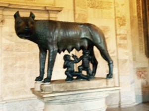 Romulus and Remus being suckled by a she-wolf ..a famous symbol of Rome's foundation in the Capitoline Museum