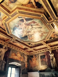 Vasari painted every room in the house including the ceilings and man of the paintings now hanging around the walls. This is part of the reception room ceiling