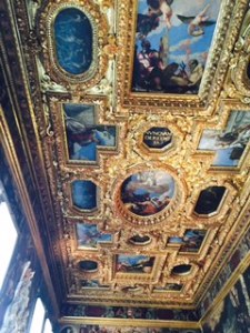 Doge's Palace Venice; one of many painted and crafted ceilings with extraordinary painting and woodwork and gilt. The ceilings and the rooms just became vaster and vaster as we proceeded through the palace