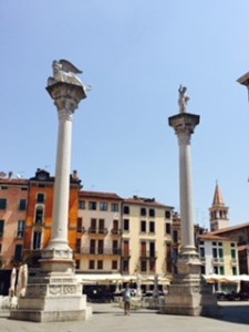 Two huge columns in the Piazza del Signori where the basilca Palladio creates one side of the piazza