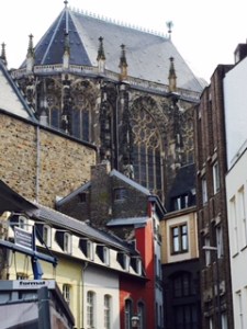 Aachen Cathedral exterior view from the old town restaurant centre