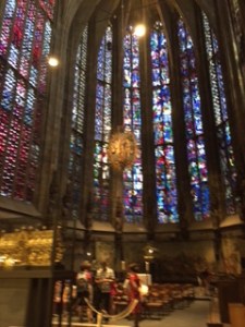C15th Gothic choir with very high stained glass windows reminiscent of San Chapelle in Paris. The glass was bombed out in WW11 so the glass is relatively new and gleaming