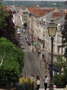 View of the main drag in Blois showing the vertical differentiation in the town. It is built on a rocky hill alongside the large river valley of the Loire