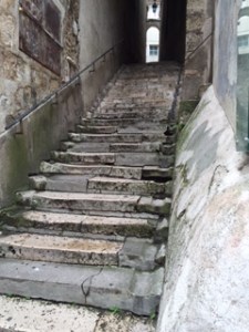 Ancient stepped and covered  street joining two levels in Bourges old town 