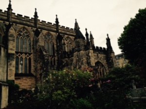 Exterior of Bristol Cathedral Gothic Revival with no flying buttresses