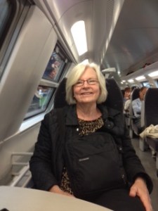 Ann on the local train to Bruges first thing in the morning!