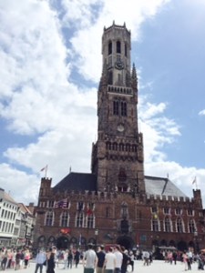 Bruges very tall belfry, part of the mediaeval Market Halls building dominating Markt Square, the centre of the city