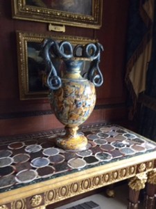 Burghley House Italian maiolica vase with table made from different Vesuvius volcanic solidified materials