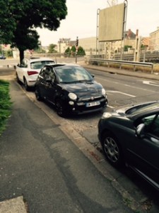 Fiat 500; Fantastic little car to drive. I prefer it to the small Audi..easier to handle and very powerful. A dream to drive and amazing what you can fit in it.  e.g. All of our luggage and us! Here it is in Blois parked incorrectly in a one way street. Very European if I may say so!