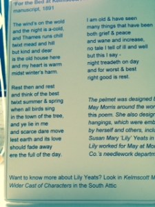 Kelmscott poem on embroidery on bed