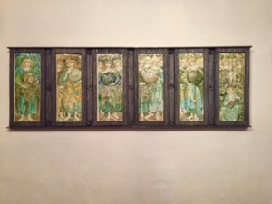 Porcelain panels showing the six days of Creation by Pre-Raphaelite C19th artist Edward Burne-Jones.