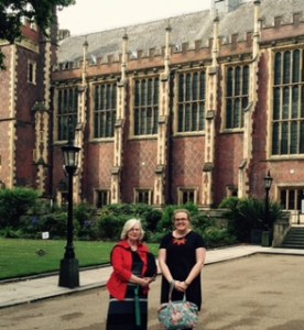 Ann and Naomi in the gardens surrounding the impressive neo-Gothic Treasury Building in Lincoln Fields Inn