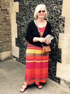 Ann with close up of slate pieces used to provide the external finish of the Southwark Anglican Cathedral