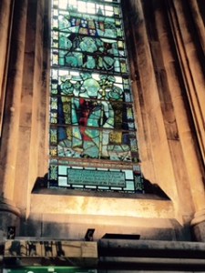 Window dedicated to Geoffrey Chaucer whose pilgrims in The Canterbury Tales would have visited Southwark Cathedral in the C15th