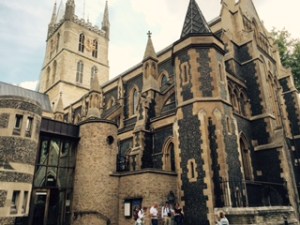 Side view of Southwark Anglican Cathedral with unusual slate finish