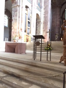 View of sanctuary with modern furniture in Speyer Cathedral