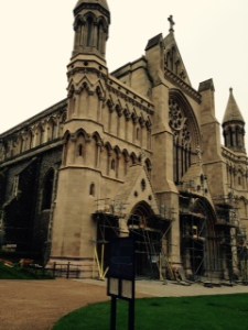 West face of St Albans Abbey Cathedral north of London. The stonework is under restoration