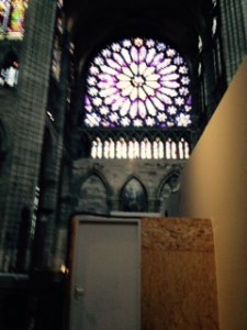 St Denis Rose window in the very small Crossing. Huge to look at because relatively close to eye level instead of, as usual up in the gods. The entrancing stained glass cannot be seen in normal photography. There is much other glorious stained glass from various periods in the Cathedral