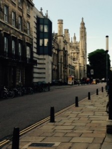 Cambridge streetscape with the towers of Kings College in the distance