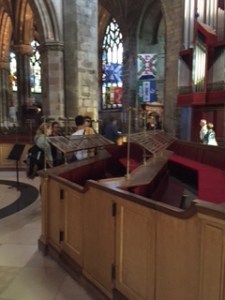 View of the classy new choir stalls quite close to the centre of the action