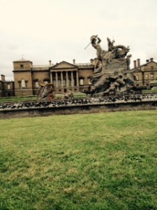 Holkham front of house with amazing statue from outside the wall
