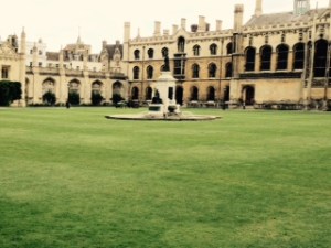 Central courtyard of Kings College Cambridge inside the street entrance