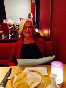 Ann high on Thai at the restaurant of the Crowne Plaza at Manchester Airport. That's me in the mirror taking the photo