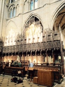 Ancient choir stalls and misericords in the old quire behind the rood screen