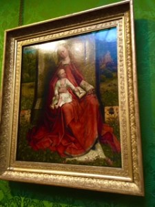 Unknown Dutch artist C15th beautiful Madonna and Child with leaves painted in such a way as they look like needlepoint.